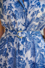 Load image into Gallery viewer, Olivia White/Blue Frill Sleeve Floral Button Belted Midi Dress