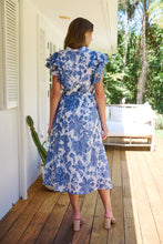 Load image into Gallery viewer, Olivia White/Blue Frill Sleeve Floral Button Belted Midi Dress
