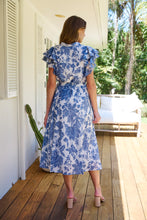 Load image into Gallery viewer, Olivia White/Blue Frill Sleeve Floral Button Belted Midi Dress