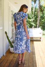 Load image into Gallery viewer, Olivia White/Blue Frill Sleeve Floral Button Belted Midi Dress