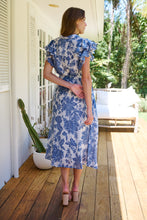 Load image into Gallery viewer, Olivia White/Blue Frill Sleeve Floral Button Belted Midi Dress
