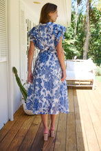 Load image into Gallery viewer, Olivia White/Blue Frill Sleeve Floral Button Belted Midi Dress