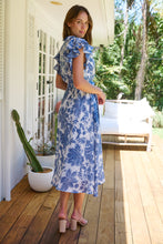 Load image into Gallery viewer, Olivia White/Blue Frill Sleeve Floral Button Belted Midi Dress