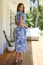 Load image into Gallery viewer, Olivia White/Blue Frill Sleeve Floral Button Belted Midi Dress