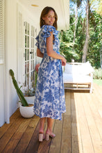 Load image into Gallery viewer, Olivia White/Blue Frill Sleeve Floral Button Belted Midi Dress