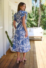 Load image into Gallery viewer, Olivia White/Blue Frill Sleeve Floral Button Belted Midi Dress