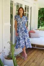 Load image into Gallery viewer, Olivia White/Blue Frill Sleeve Floral Button Belted Midi Dress