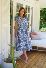 Load image into Gallery viewer, Olivia White/Blue Frill Sleeve Floral Button Belted Midi Dress
