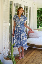 Load image into Gallery viewer, Olivia White/Blue Frill Sleeve Floral Button Belted Midi Dress