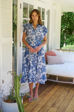 Load image into Gallery viewer, Olivia White/Blue Frill Sleeve Floral Button Belted Midi Dress