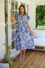 Load image into Gallery viewer, Olivia White/Blue Frill Sleeve Floral Button Belted Midi Dress