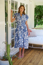Load image into Gallery viewer, Olivia White/Blue Frill Sleeve Floral Button Belted Midi Dress