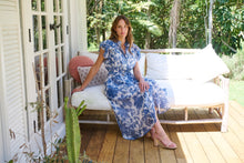 Load image into Gallery viewer, Olivia White/Blue Frill Sleeve Floral Button Belted Midi Dress