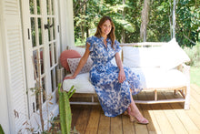 Load image into Gallery viewer, Olivia White/Blue Frill Sleeve Floral Button Belted Midi Dress