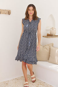 Maggie Navy/White Ditsy Print Midi Dress