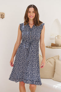 Maggie Navy/White Ditsy Print Midi Dress