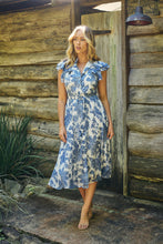 Load image into Gallery viewer, Olivia White/Blue Frill Sleeve Floral Button Belted Midi Dress