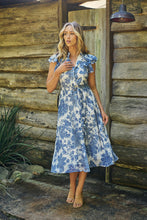 Load image into Gallery viewer, Olivia White/Blue Frill Sleeve Floral Button Belted Midi Dress