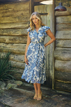 Load image into Gallery viewer, Olivia White/Blue Frill Sleeve Floral Button Belted Midi Dress
