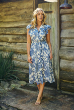 Load image into Gallery viewer, Olivia White/Blue Frill Sleeve Floral Button Belted Midi Dress