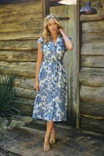 Load image into Gallery viewer, Olivia White/Blue Frill Sleeve Floral Button Belted Midi Dress