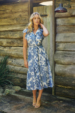 Load image into Gallery viewer, Olivia White/Blue Frill Sleeve Floral Button Belted Midi Dress