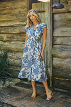 Load image into Gallery viewer, Olivia White/Blue Frill Sleeve Floral Button Belted Midi Dress