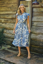 Load image into Gallery viewer, Olivia White/Blue Frill Sleeve Floral Button Belted Midi Dress