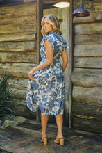 Load image into Gallery viewer, Olivia White/Blue Frill Sleeve Floral Button Belted Midi Dress