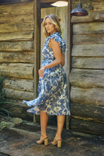 Load image into Gallery viewer, Olivia White/Blue Frill Sleeve Floral Button Belted Midi Dress