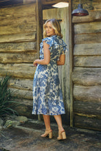 Load image into Gallery viewer, Olivia White/Blue Frill Sleeve Floral Button Belted Midi Dress