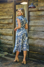 Load image into Gallery viewer, Olivia White/Blue Frill Sleeve Floral Button Belted Midi Dress