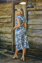 Load image into Gallery viewer, Olivia White/Blue Frill Sleeve Floral Button Belted Midi Dress