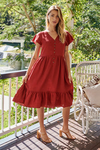 Portia Maroon Button Front Linen Smock Dress