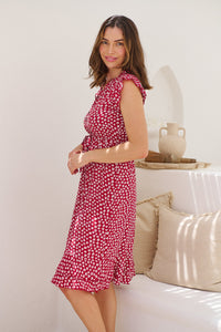 Maggie Red/White Ditsy Print Midi Dress