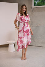 Load image into Gallery viewer, Aida Floral Pink Chiffon X/Over Frill Sleeve Evening Dress