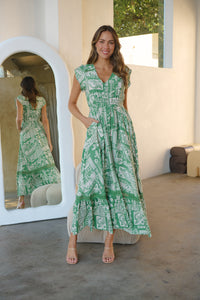 Augustina Button Green Cream Nature Print Maxi Dress