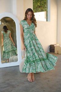 Augustina Button Green Cream Nature Print Maxi Dress