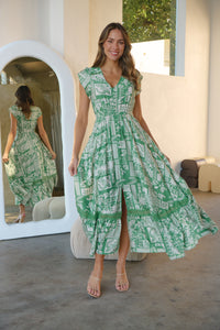 Augustina Button Green Cream Nature Print Maxi Dress