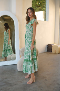 Augustina Button Green Cream Nature Print Maxi Dress