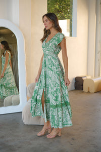 Augustina Button Green Cream Nature Print Maxi Dress