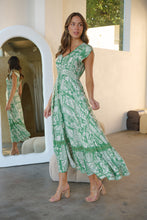Load image into Gallery viewer, Augustina Button Green Cream Nature Print Maxi Dress