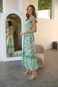 Augustina Button Green Cream Nature Print Maxi Dress