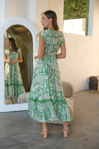 Augustina Button Green Cream Nature Print Maxi Dress