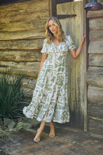 Load image into Gallery viewer, Bessy Sage White Print V Neck Shirred Tiered Midi Dress