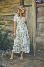 Load image into Gallery viewer, Bessy Sage White Print V Neck Shirred Tiered Midi Dress
