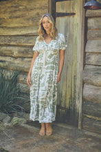 Load image into Gallery viewer, Bessy Sage White Print V Neck Shirred Tiered Midi Dress