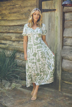 Load image into Gallery viewer, Bessy Sage White Print V Neck Shirred Tiered Midi Dress