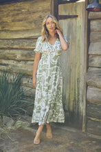 Load image into Gallery viewer, Bessy Sage White Print V Neck Shirred Tiered Midi Dress
