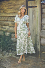 Load image into Gallery viewer, Bessy Sage White Print V Neck Shirred Tiered Midi Dress